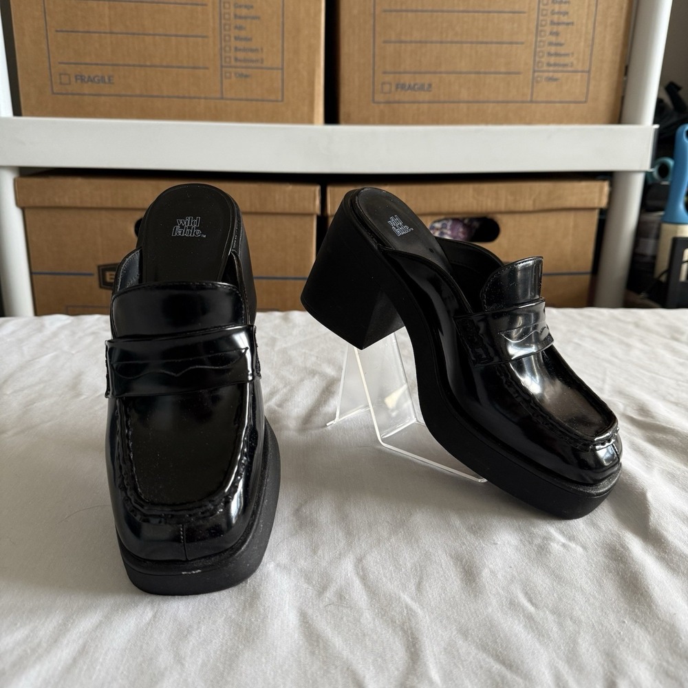 Y2K Chunky Block Platform Black Faux Leather Penny Loafers Womens 6.5 Academia - Picture 1 of 12
